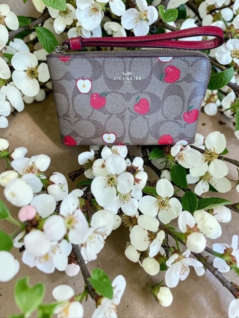 Coach Cherry Print Signature Wristlet in Brown with Red Accents